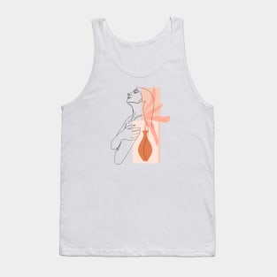 Trendy one line woman body. Girl hugs herself. Female poster. Tank Top